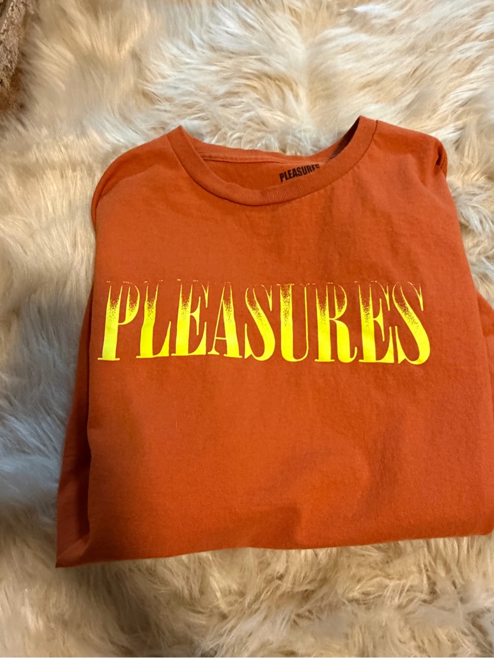 Pleasures Orange Short Sleeve Graphic Tee with Yellow Logo